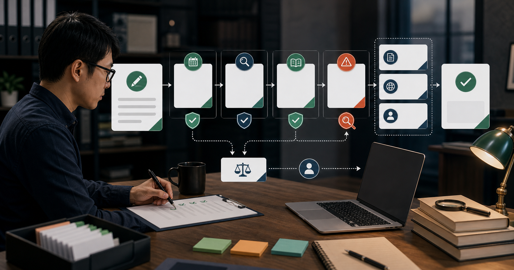 Editorial AI marketing risk-control workflow scene for AI 內容事實查核怎麼做, showing privacy controls, claim review cards, approval gates, and audit checkpoints