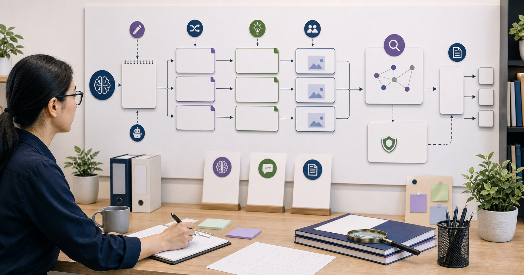 Editorial AI marketing risk-control workflow scene for AI 內容抄襲風險怎麼避免, showing privacy controls, claim review cards, approval gates, and audit checkpoints