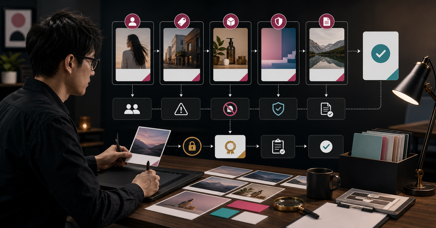 Editorial AI marketing risk-control workflow scene for AI 圖片商用風險怎麼檢查, showing privacy controls, claim review cards, approval gates, and audit checkpoints