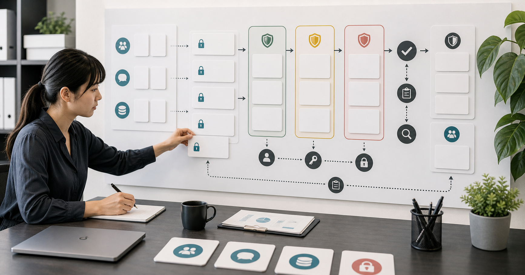 Editorial AI marketing risk-control workflow scene for AI 行銷資料隱私怎麼控, showing privacy controls, claim review cards, approval gates, and audit checkpoints