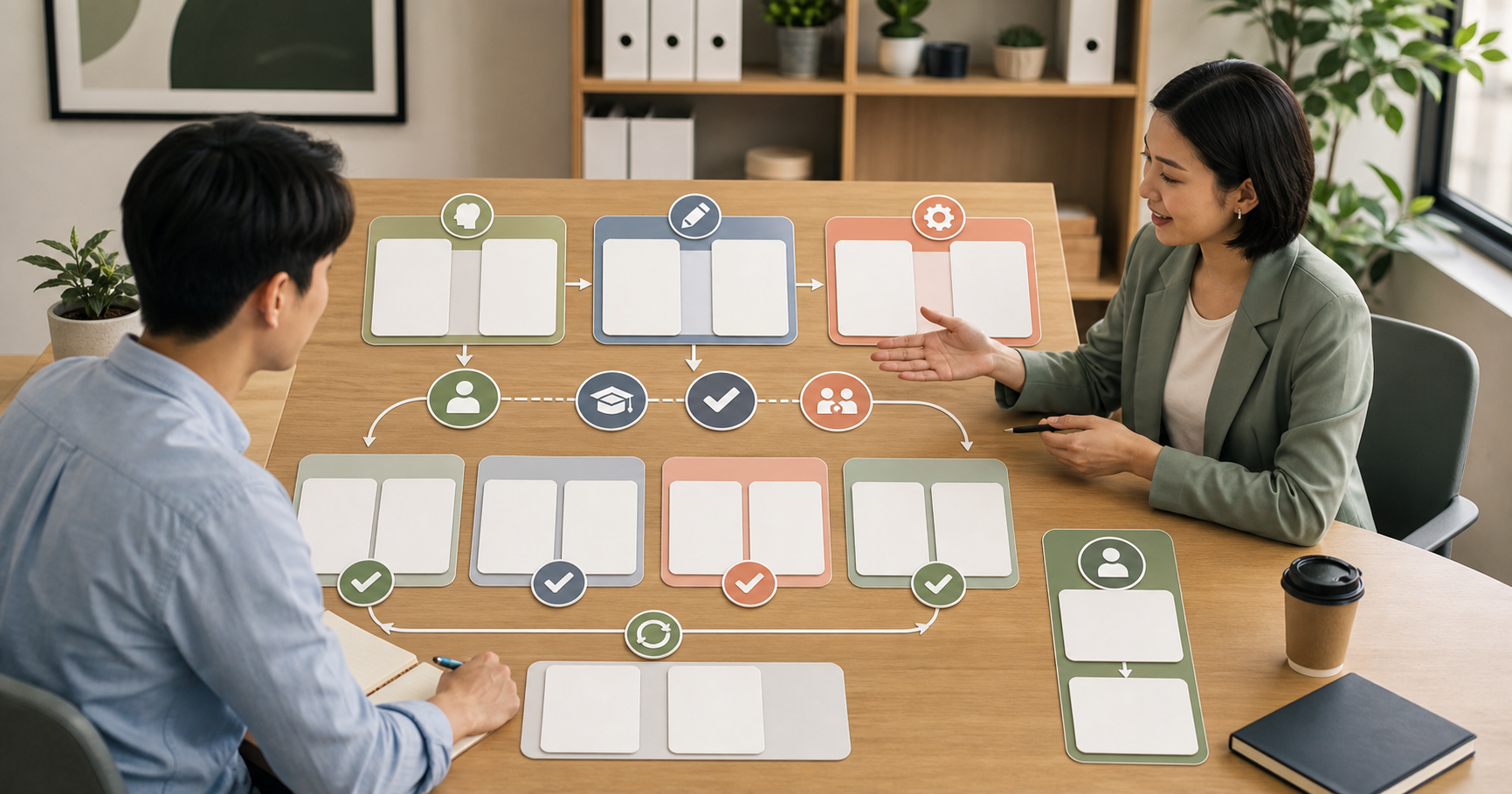 Editorial AI marketing operations workflow scene for AI 行銷新人訓練怎麼安排, showing team handoff cards, knowledge-base assets, task paths, and human review checkpoints