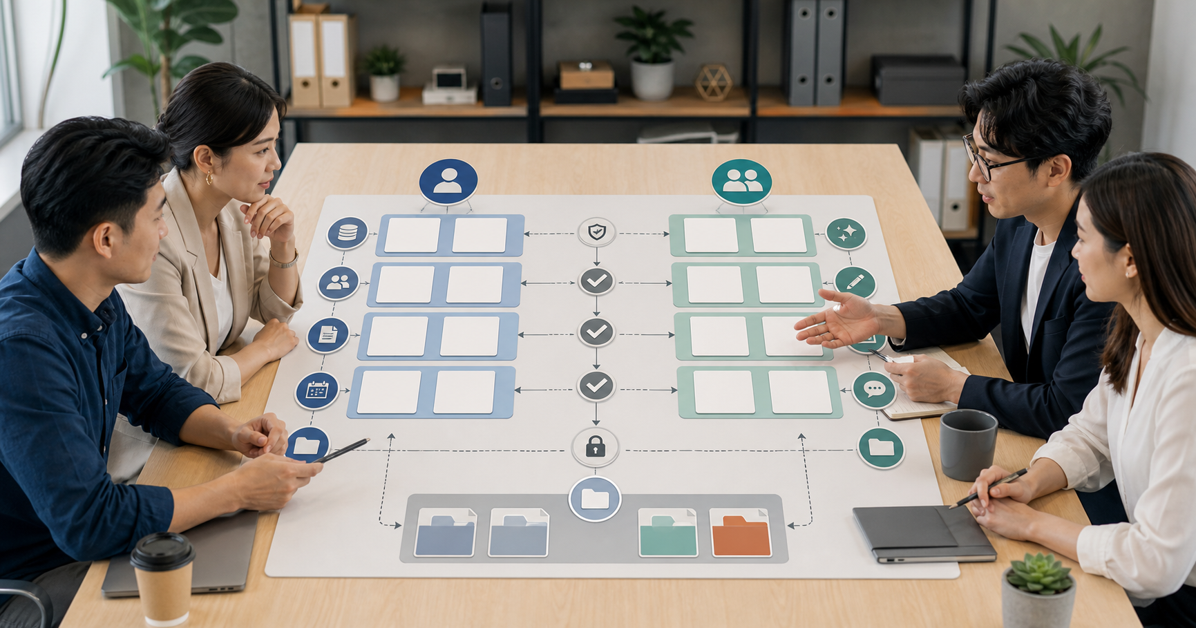 Editorial AI marketing operations workflow scene for AI 行銷外包怎麼合作, showing team handoff cards, knowledge-base assets, task paths, and human review checkpoints