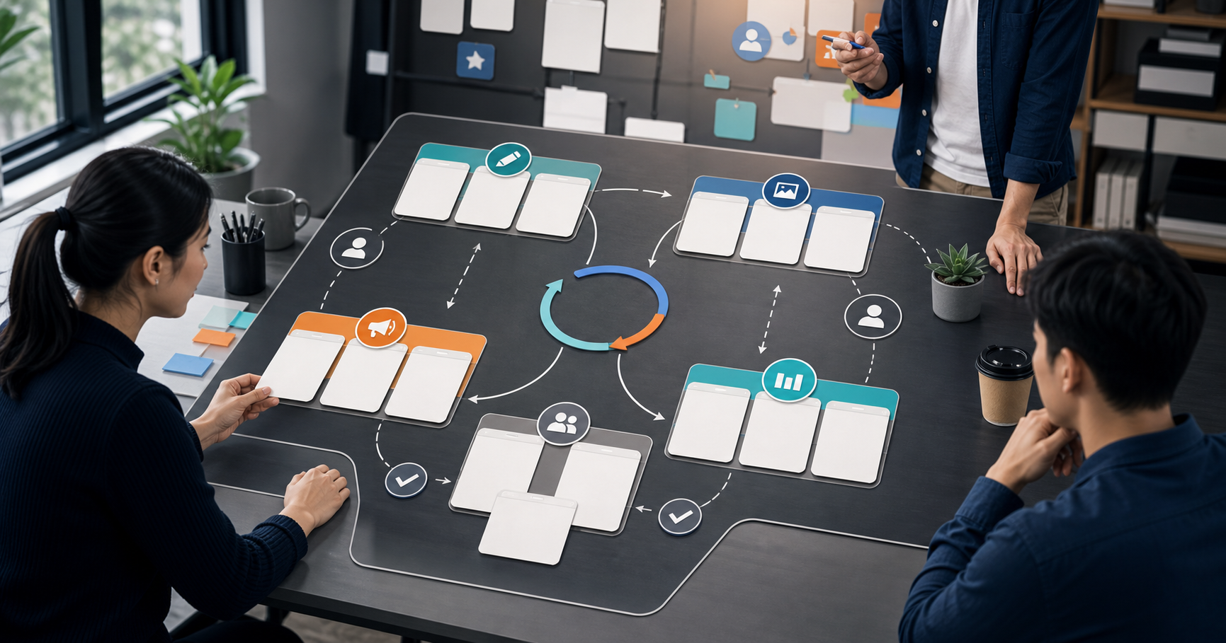 Editorial AI marketing operations workflow scene for AI 行銷專案管理怎麼做, showing team handoff cards, knowledge-base assets, task paths, and human review checkpoints