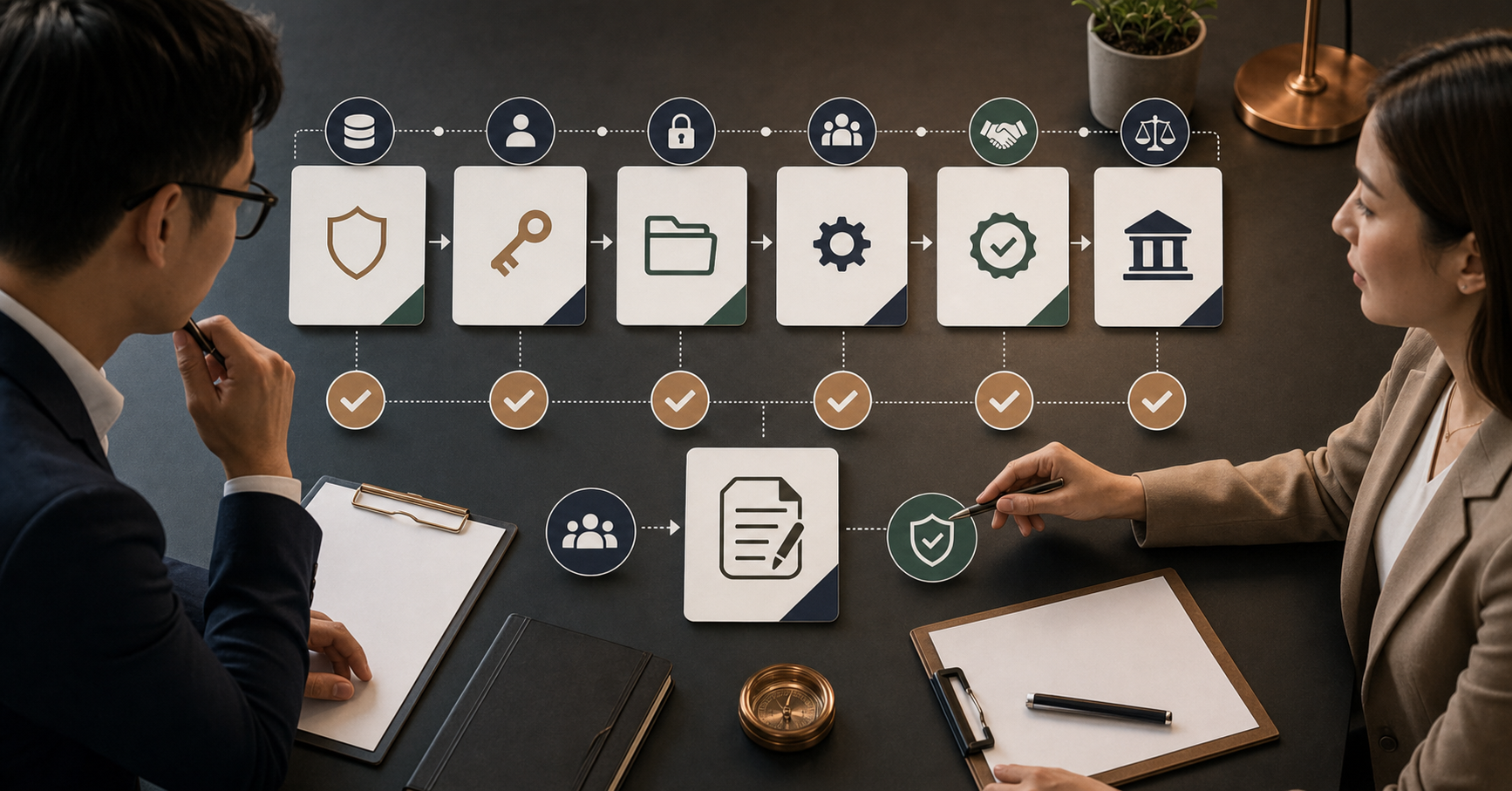 Editorial AI marketing risk-control workflow scene for AI 行銷供應商合約怎麼問, showing privacy controls, claim review cards, approval gates, and audit checkpoints