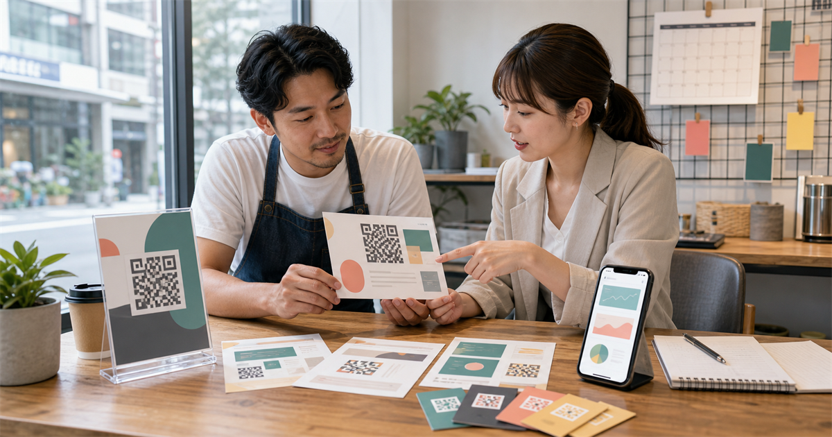台北中小企業店主與行銷人員在店內檢查 QR Code 海報、傳單與手機分析畫面