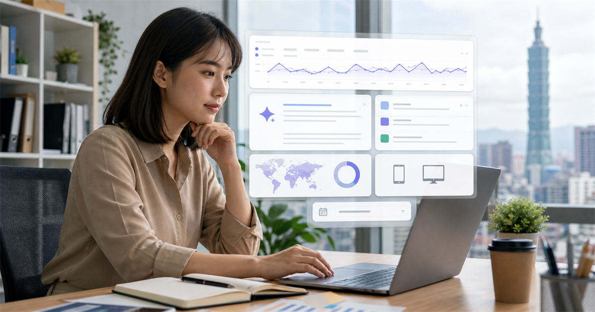 台灣中小企業行銷人員在辦公室查看 Search Console 生成式 AI 曝光、頁面與查詢報表