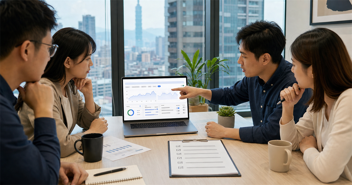 台灣中小企業團隊在會議桌前檢查 Search Console AI 報表設定、篩選條件與人工審核清單