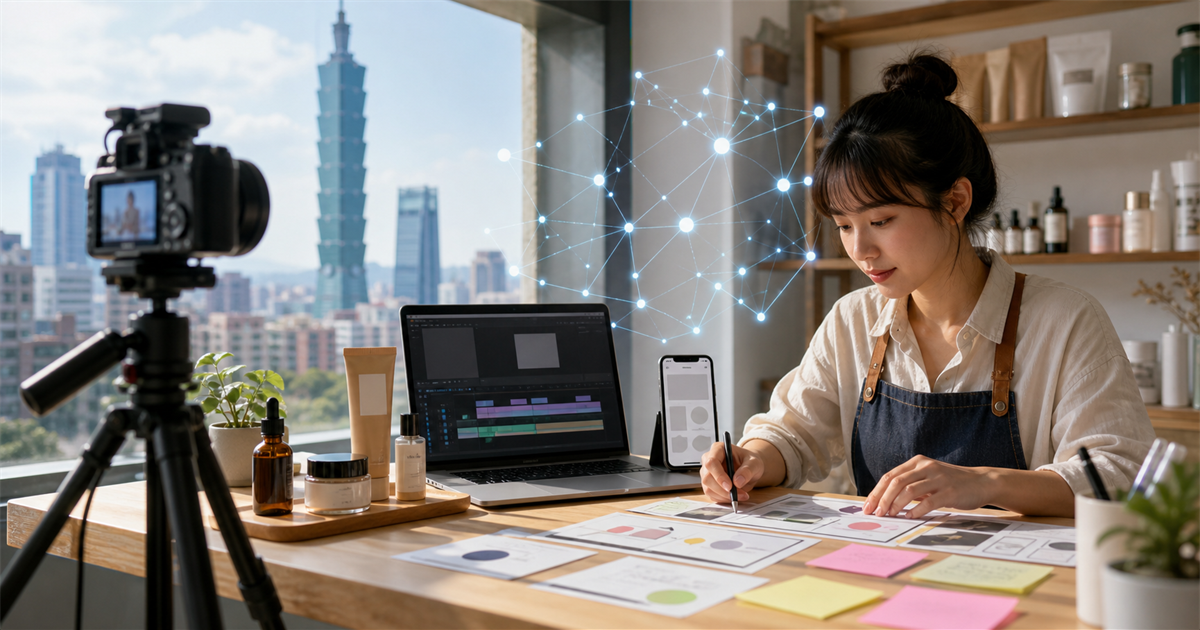 台北中小企業工作室中，經營者用 AI 輔助整理短影音腳本、商品樣品與拍攝分鏡