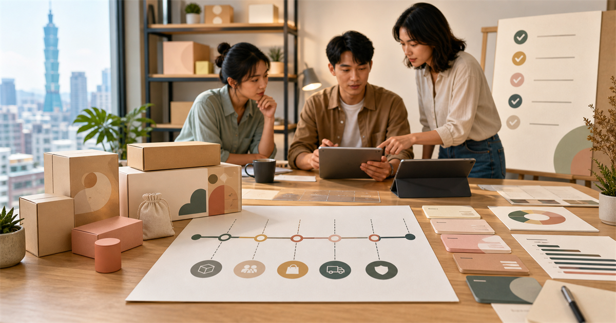 台北辦公桌上有商品樣品、預購時程圖與分析卡片，團隊正在檢查預購活動風險
