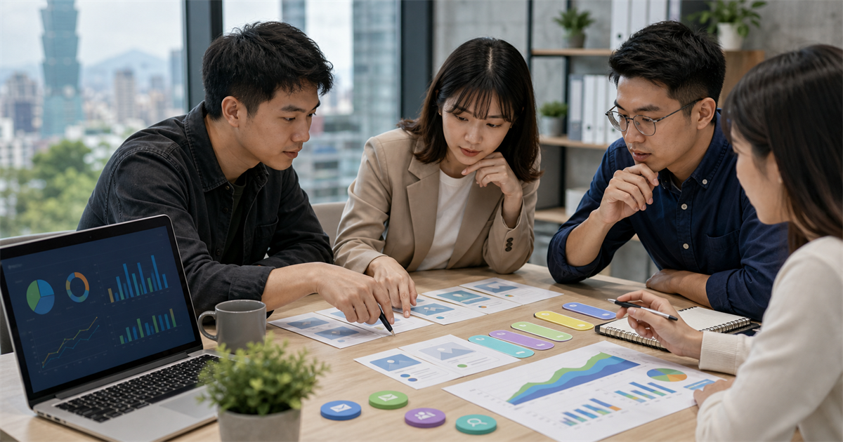 台北中小企業團隊在桌上檢查行銷來源卡片、網址標籤與月報圖表