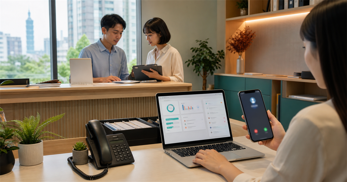 台北小型服務業團隊在櫃台檢查電話、CRM 儀表板與未接來電回覆流程