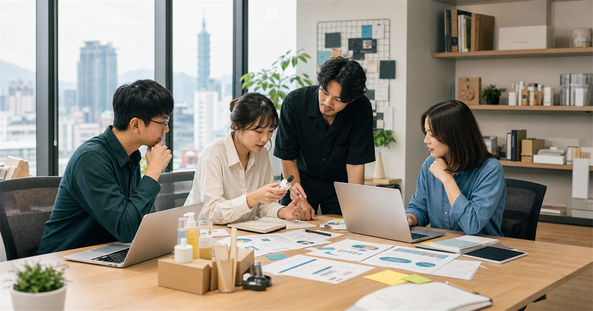 台灣中小企業團隊在會議桌前檢查新品樣品、銷售圖表與 AI 監測儀表板