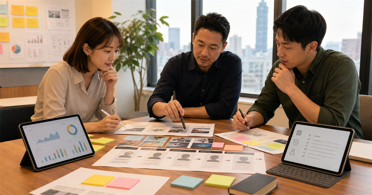 台北中小企業團隊檢視 AI 行銷試點的客戶旅程卡、成效圖表與資料風險清單