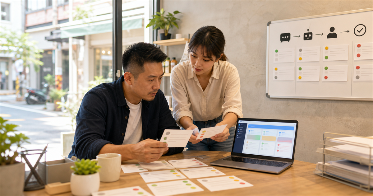 台北小店經營者與行銷人員在桌前檢視顧客評論卡片與回覆流程看板