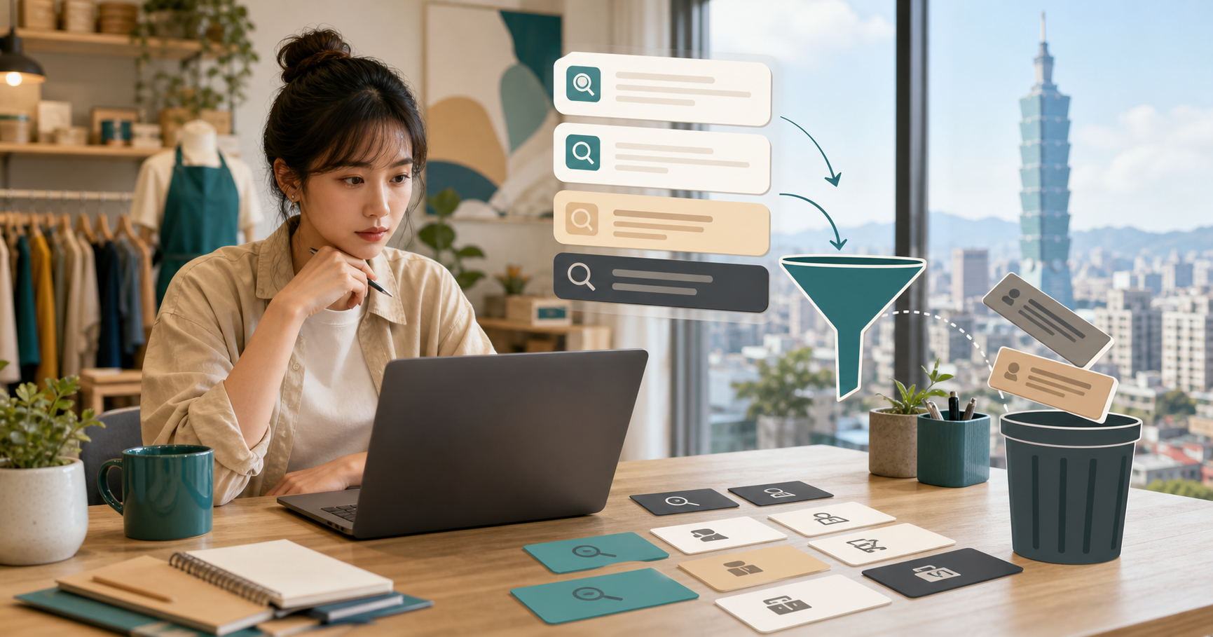 台灣中小企業行銷人員在桌前檢查 Google Ads 查詢訊號與關鍵字卡片，準備排除浪費點擊