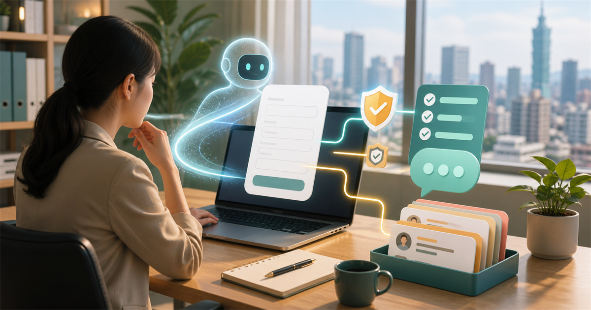 台北辦公桌上的行銷人正在檢視潛在客戶表單、AI 檢查提示與 CRM 名單卡片