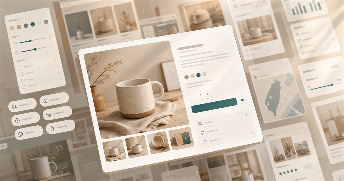 Editorial ecommerce product page card in focus with filter panels and parameter modules fading into the background.