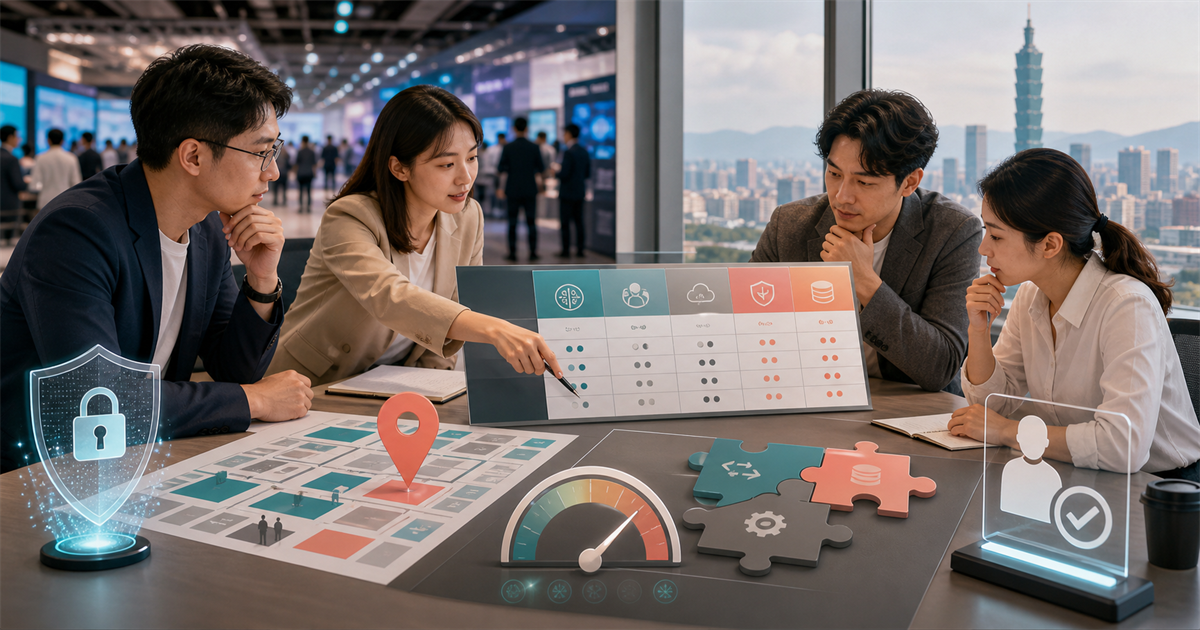 台北中小企業團隊在桌上整理 AI 展會地圖、供應商比較卡、隱私盾牌與 KPI 儀表板