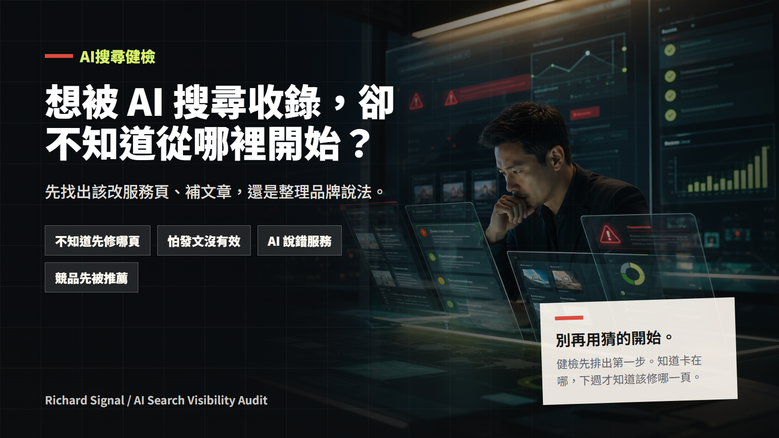 AI搜尋健檢主視覺，標題寫著想被 AI 搜尋收錄卻不知道從哪裡開始，並列出不知道先修哪頁、怕發文沒有效、AI 說錯服務、競品先被推薦四種狀況