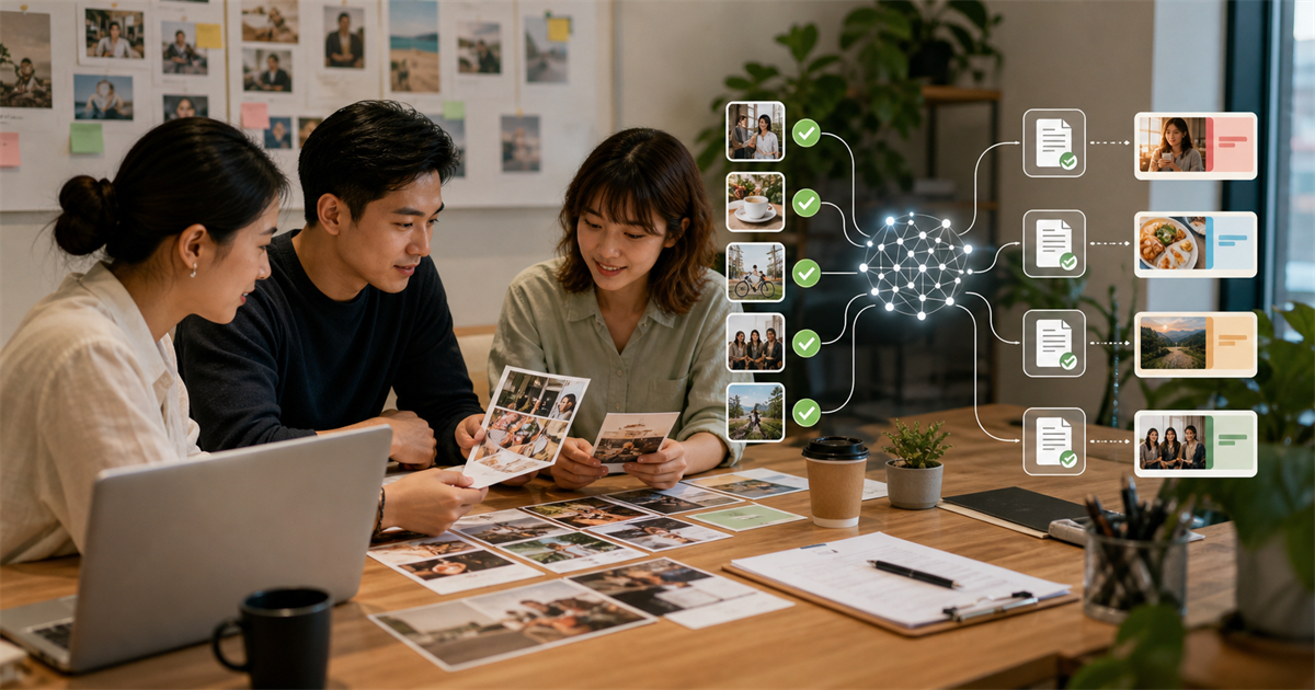 台灣中小企業團隊在會議桌上檢查顧客照片、同意文件與 AI 素材分流節點