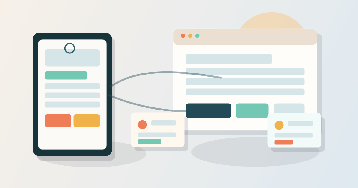 Editorial illustration of a smartphone instant form and a website inquiry form connected on a warm desk, representing two lead-capture paths for a Taiwan SME.