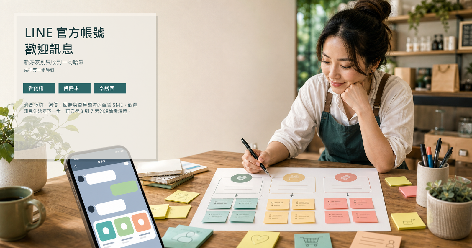台灣中小企業店主在桌前規劃 LINE 官方帳號新好友導流，手機顯示歡迎訊息介面與三種下一步路徑