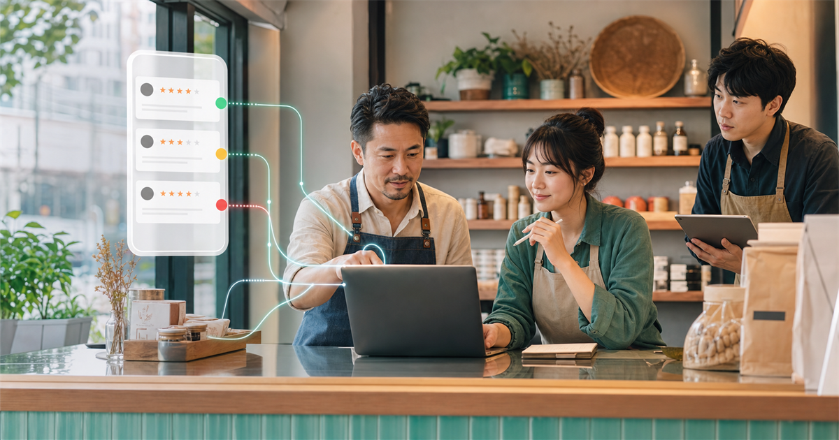 台灣店家在櫃檯前用 AI 分流 Google 評論回覆草稿