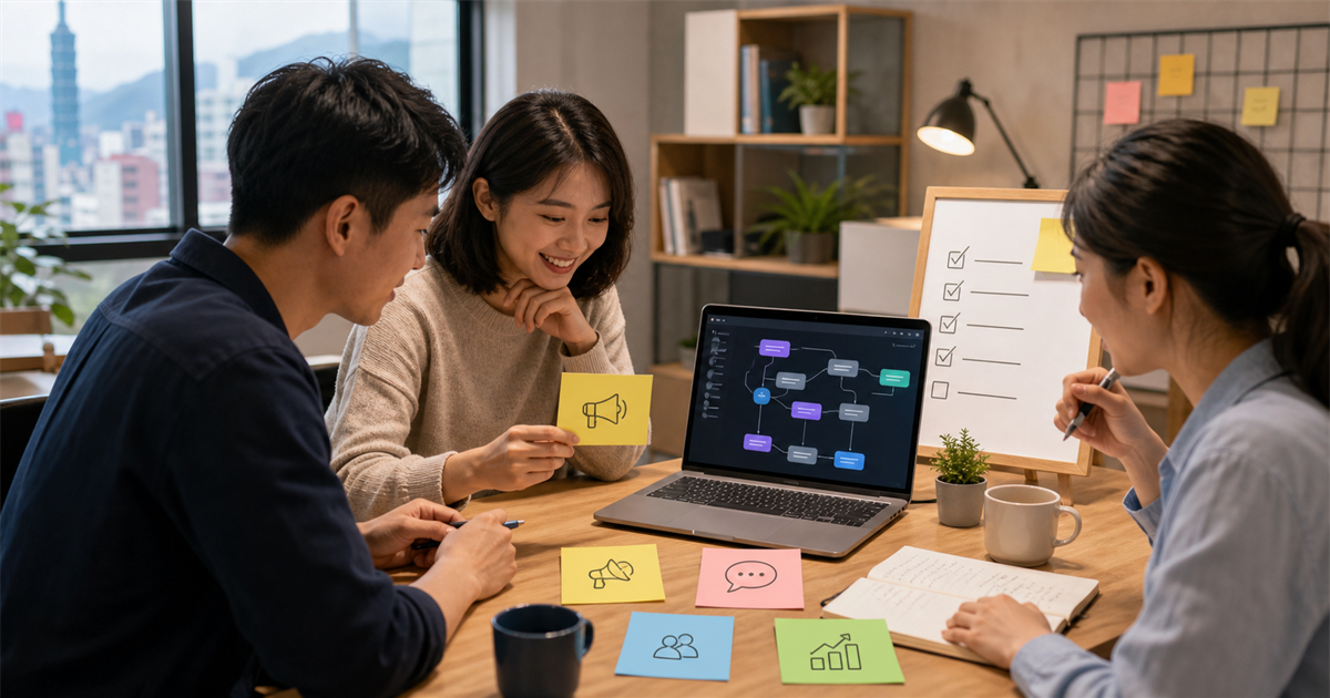 台北中小企業團隊在會議桌前檢查 AI 行銷任務卡與流程圖