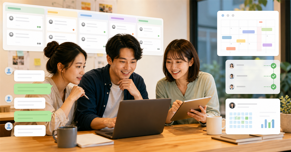 台灣教育工作室團隊在筆電與平板上整理體驗課名單、CRM 欄位與跟進訊息