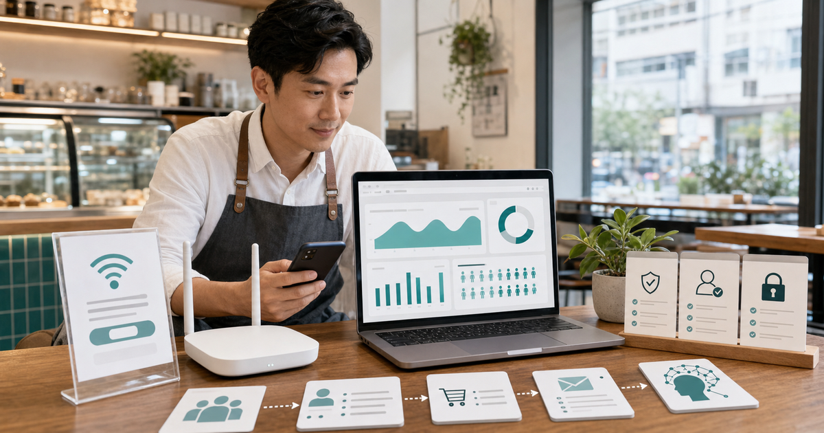 台灣咖啡店老闆在筆電前檢查免費 Wi-Fi 登入、顧客分眾與隱私同意流程