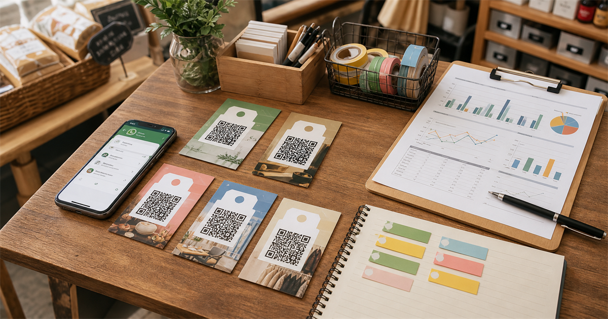 木質桌面上放著手機、印有 QR Code 的宣傳卡、分析圖表與標記卡片，呈現台灣店家追蹤 LINE 官方帳號好友來源的工作情境。