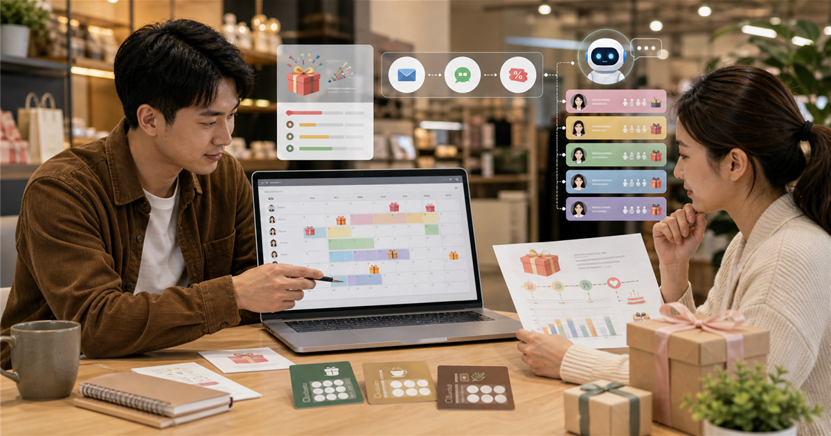 台灣中小企業團隊檢視會員生日行事曆、CRM 分眾與 AI 回購建議，桌上有禮物和會員卡