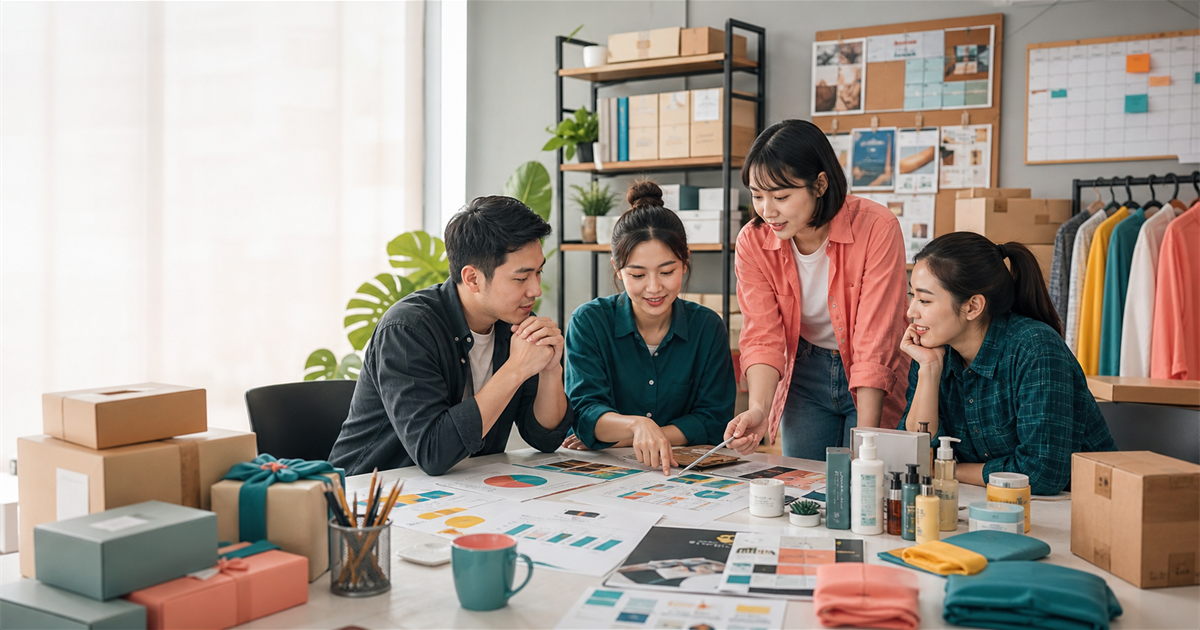 台灣中小企業團隊在桌上檢視週年慶商品、庫存箱、行銷圖表與活動排程。