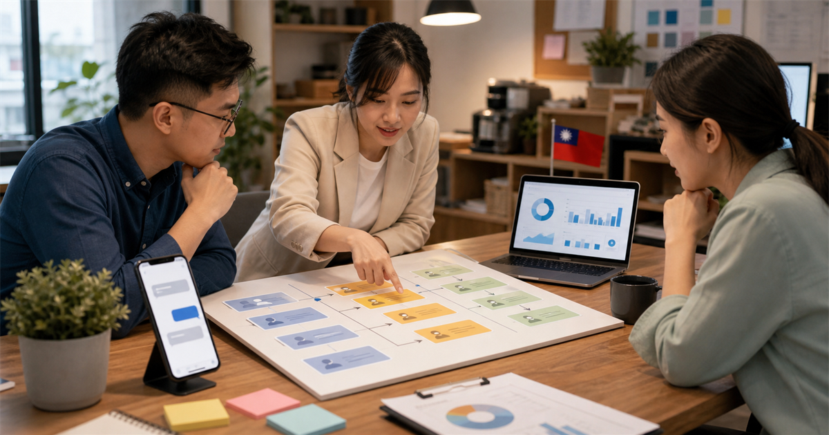 台灣中小企業團隊在桌上檢視 CRM 名單培養流程與分色潛在客戶卡片