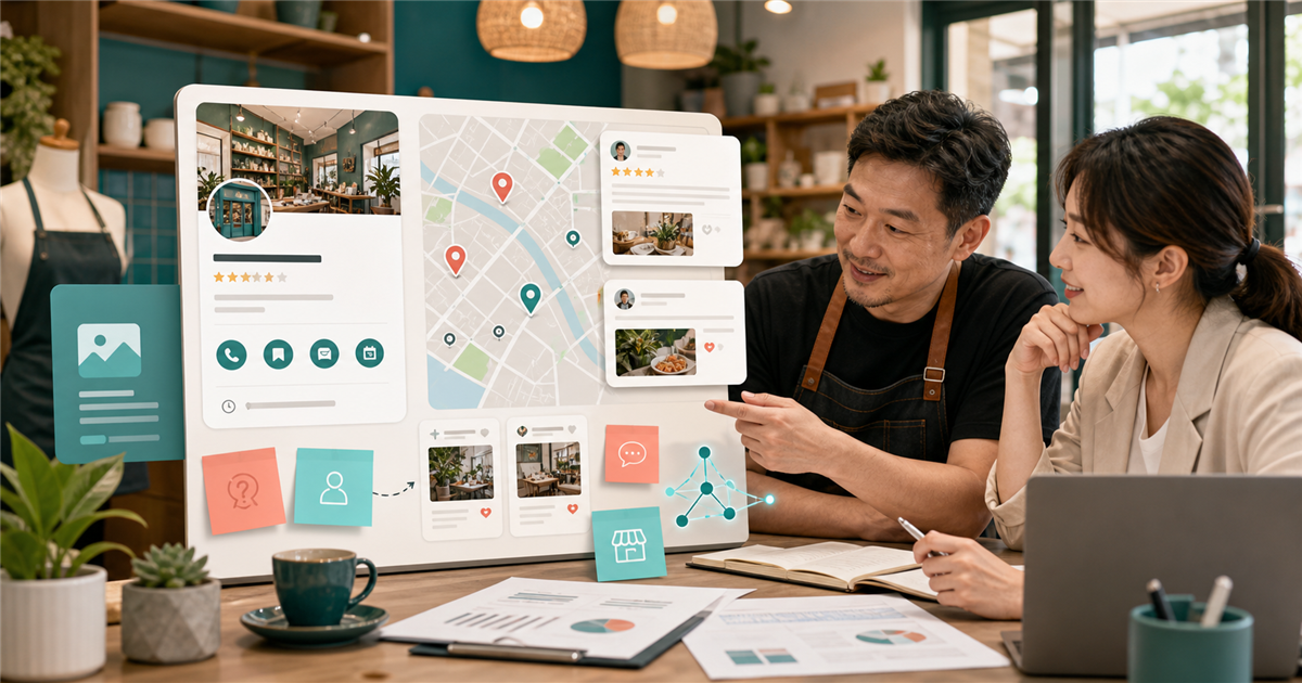 台灣店家與行銷人員檢視商家檔案貼文、地圖標記與顧客問題卡片的工作桌