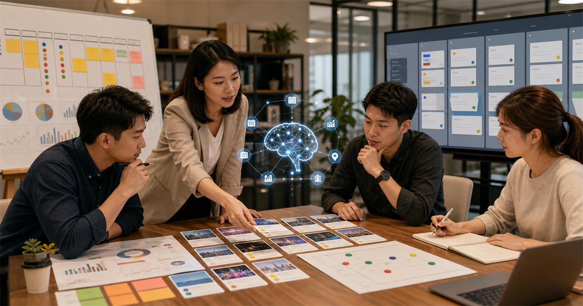 台灣中小企業團隊在桌面上比較活動卡片、預算板與 CRM 線索，判斷展會投資是否值得