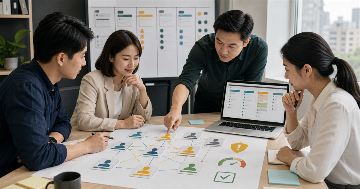 台灣 B2B 團隊在桌上整理採購委員會角色卡與 CRM 管線