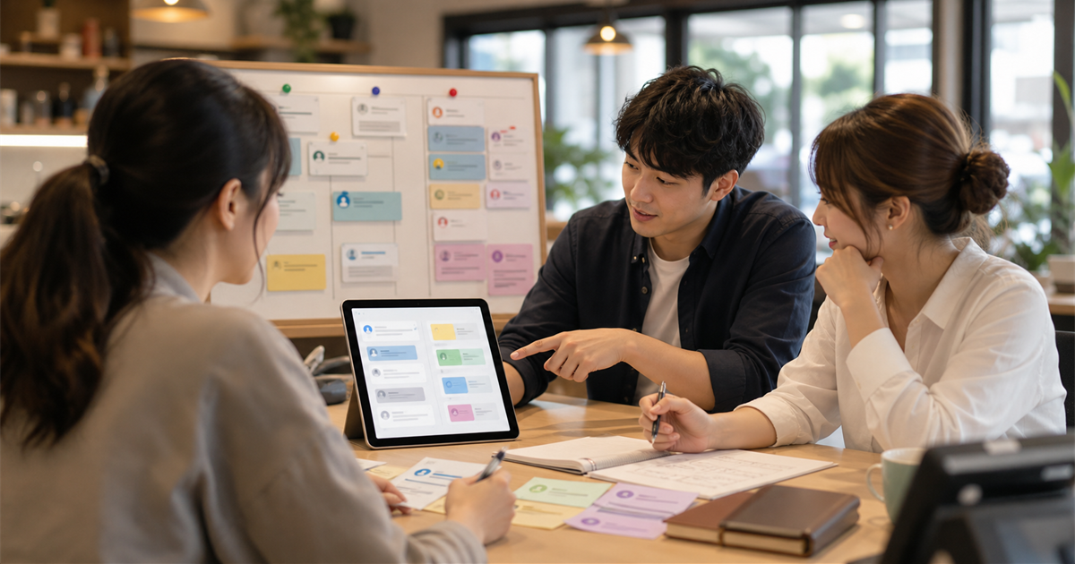 台灣中小企業服務櫃台在交接班時檢查客服訊息、任務卡與 AI 摘要看板