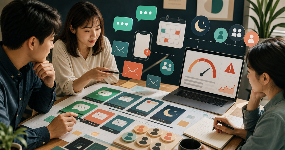台灣中小企業團隊在桌面上檢查 LINE、Email、簡訊與行事曆訊息控頻規則