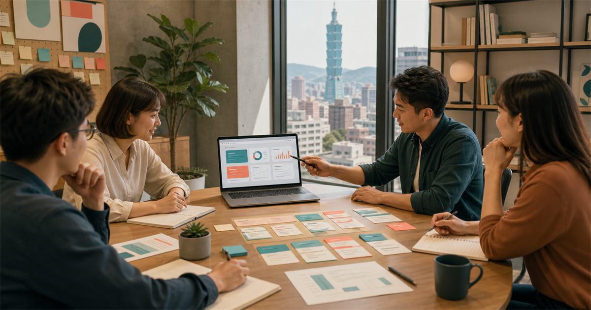 台灣中小企業團隊在會議桌前檢查行銷週會待辦卡與 AI 分析畫面