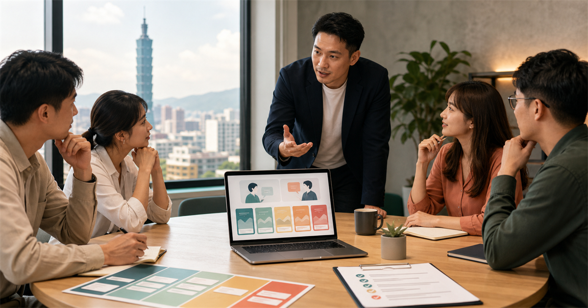 台北中小企業團隊在會議桌前用筆電與情境卡進行 AI 銷售演練