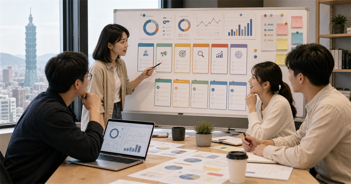 台灣中小企業團隊在白板前檢查 AI 行銷輔導 KPI 與驗收卡片