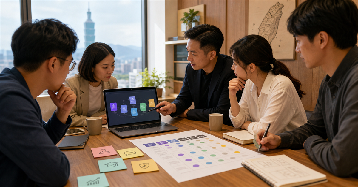 台灣中小企業團隊在會議桌前檢查 AI 工具試用流程與驗收表