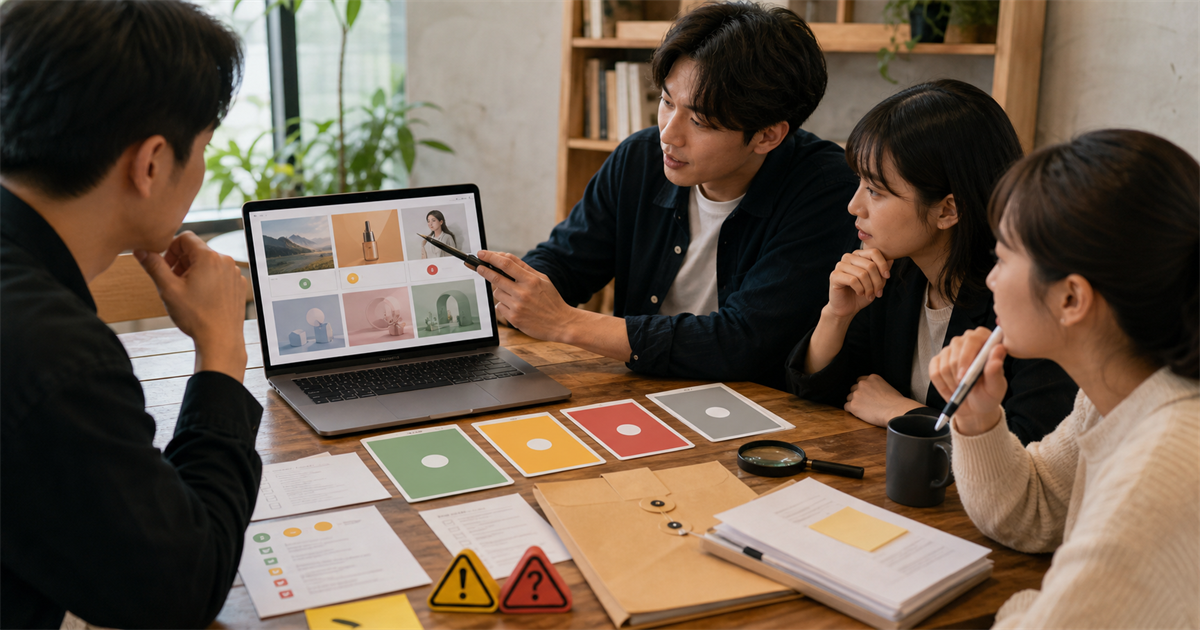 台灣中小企業行銷團隊在會議桌前檢查 AI 廣告素材、證據資料夾與審核卡片