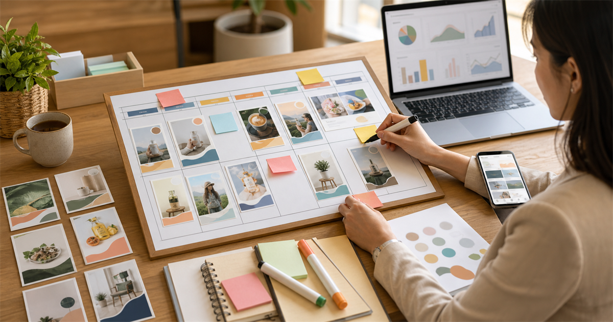Desk scene with a weekly ad testing planning board, printed campaign cards, sticky notes, a laptop chart view, and a phone preview for a small marketing team