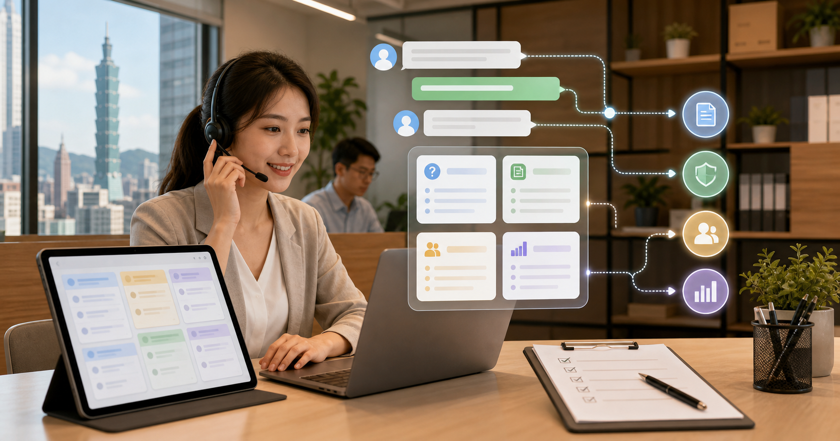 台北中小企業客服桌面以 AI 路由線串起 FAQ、政策、轉人工與分析節點