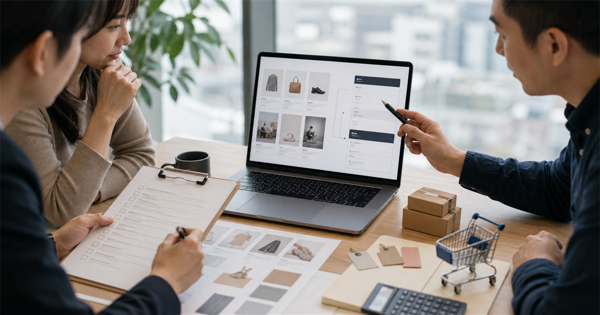 台灣電商團隊在桌前檢查 Shopify 折扣規則、結帳流程與遷移清單的工作情境