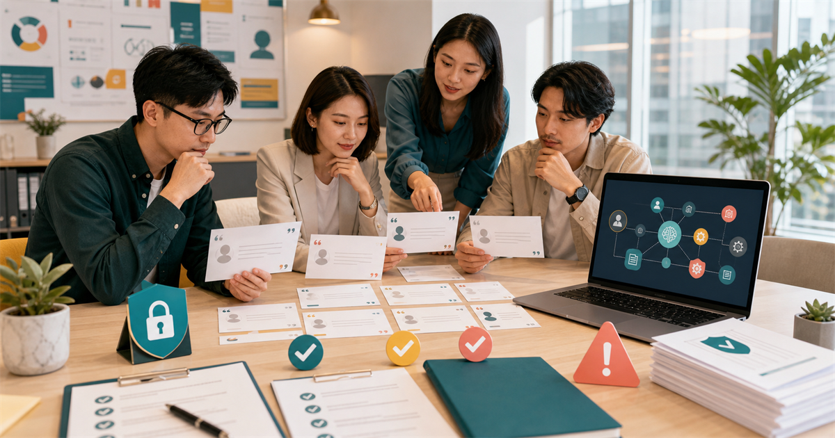 台灣中小企業團隊在會議桌前檢查匿名客戶見證卡、同意文件與 AI 改寫流程