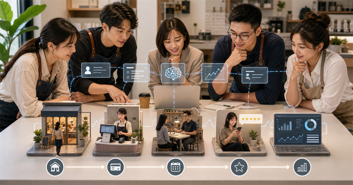 台灣服務業團隊在桌前檢查顧客旅程、訂單、評論與週報資料的 AI 工作流程