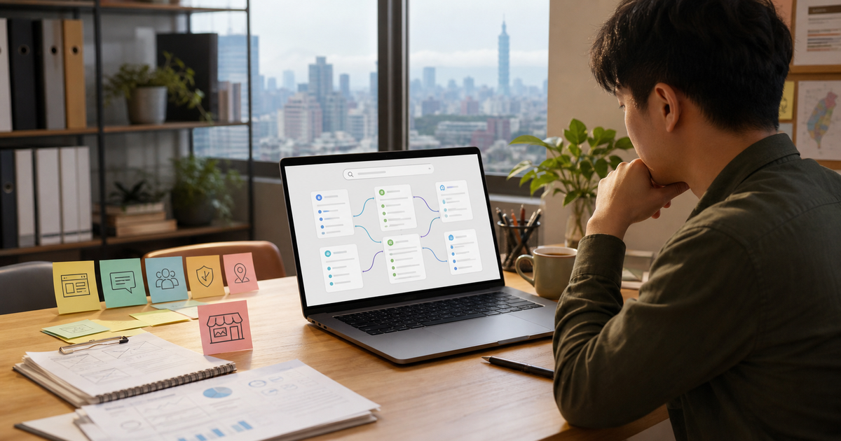 台灣中小企業行銷人員在筆電前整理 AI 分群搜尋結果、服務頁與 FAQ 頁面規劃